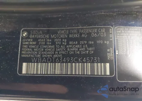 2003 BMW 530Ia из США, поврежденный, VIN WBADT63493CK45731